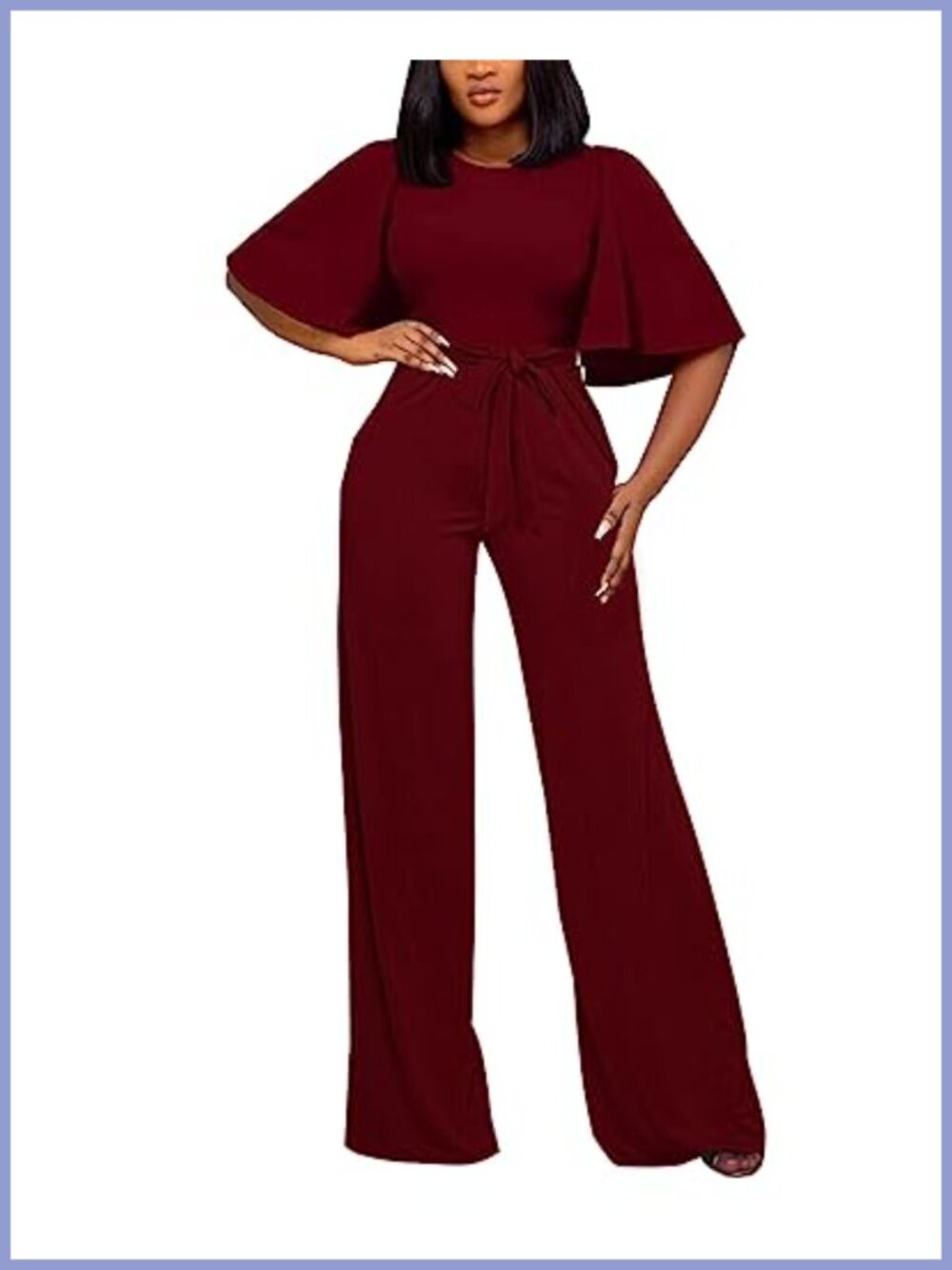 Womens Loose Short Sleeve Belted Wide Leg Jumpsuit Ruffle Sleeve One Piece